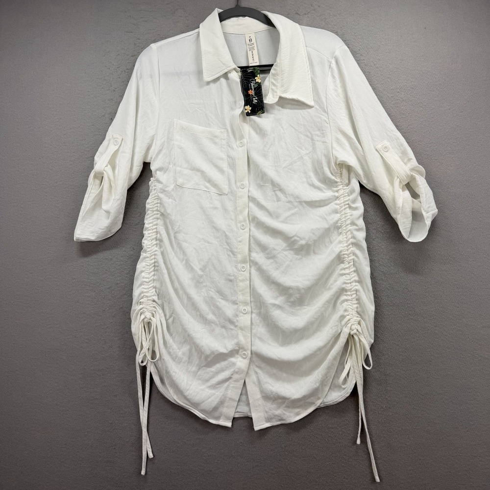 Blooming Jelly Shirt Dress Womens M White Ruched Side‎ Drawstring Casual Summer